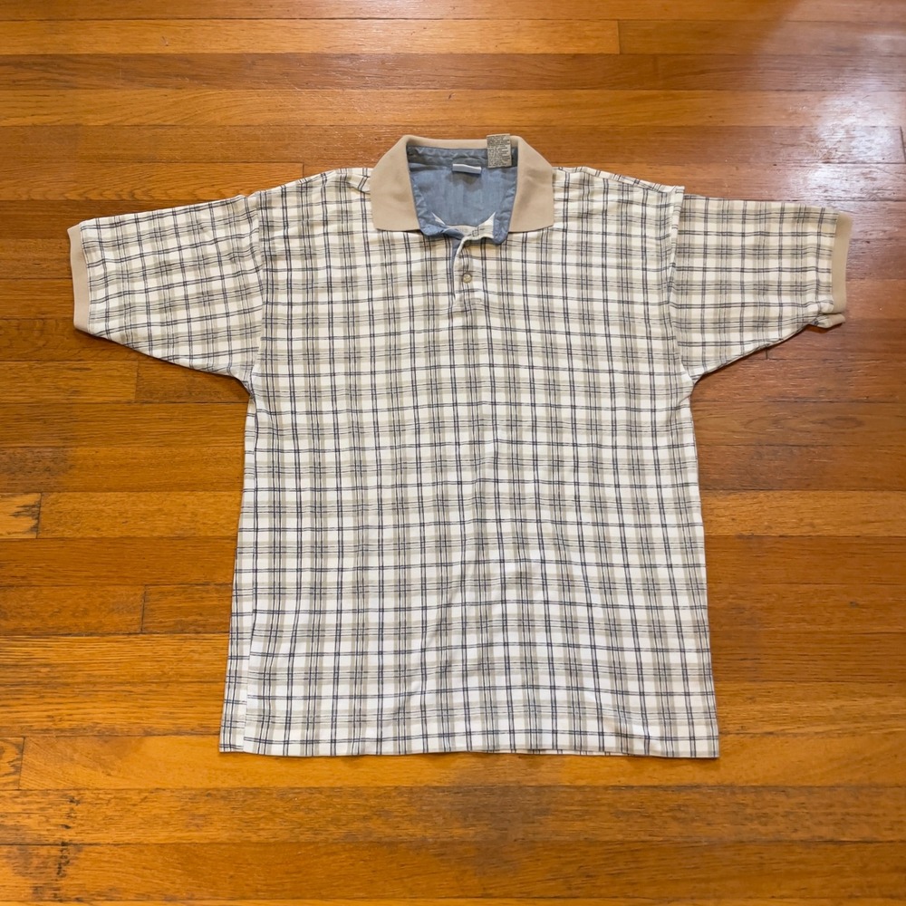 VTG 90s Bugle Boy Company Plaid Polo Shirt XL Beige Blue‎ Collar Casual pattern